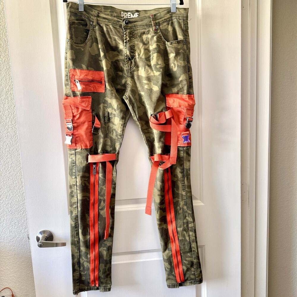 Preme Camo Size 38X34 Mens Cargo Orange Utility Bondage Pants Urban Goth Straps